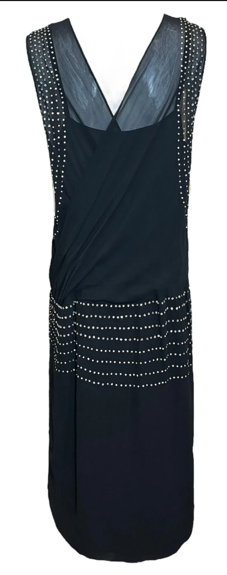 1920s Black Chiffon Flapper Dress Studded with Rhinestones