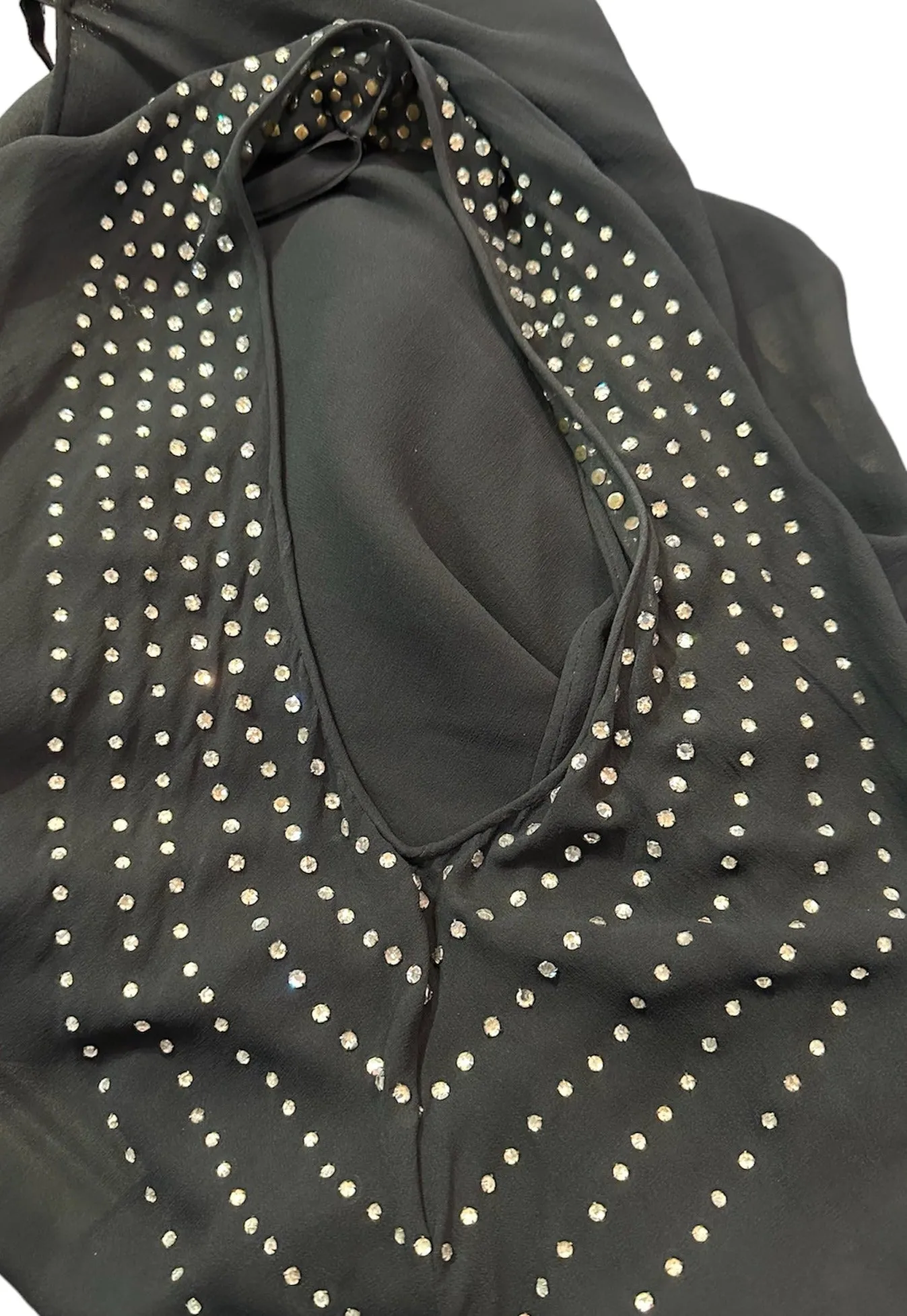 1920s Black Chiffon Flapper Dress Studded with Rhinestones