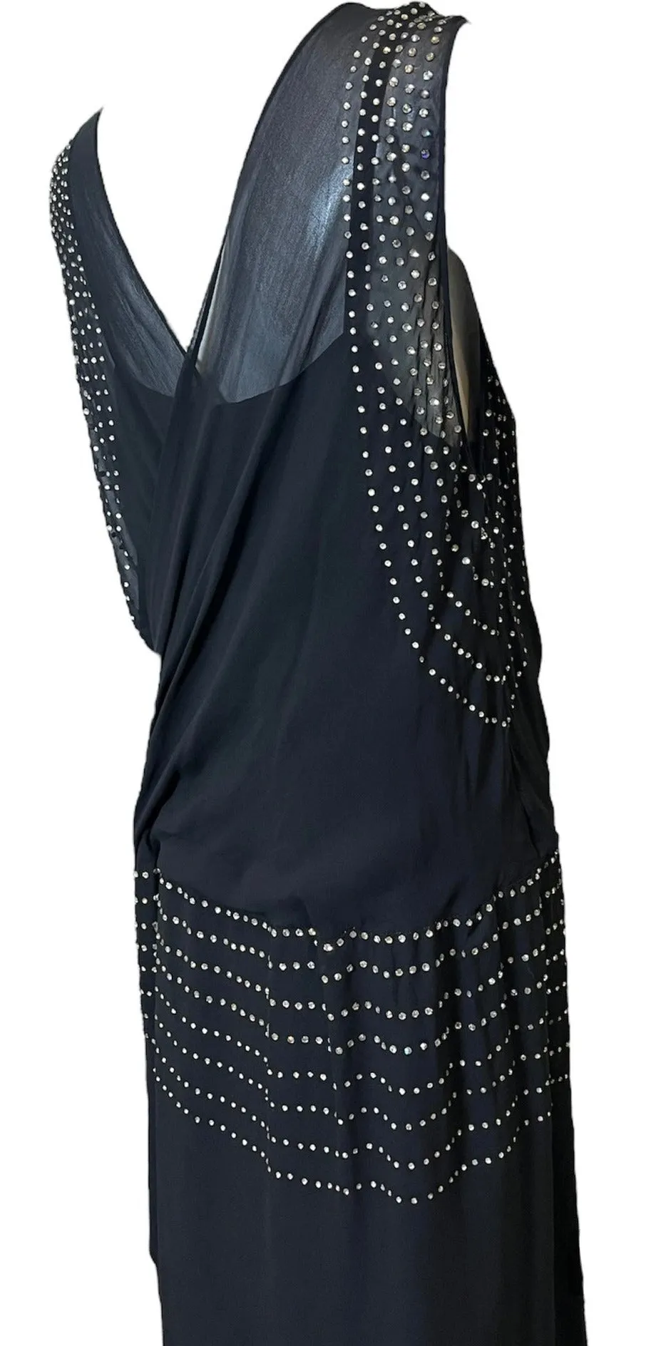 1920s Black Chiffon Flapper Dress Studded with Rhinestones