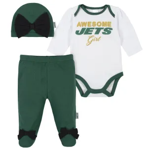 3-Piece Baby Girls New York Jets Bodysuit, Footed Pant, and Cap Set