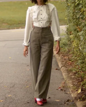 90s cotton striped ultra high waist trousers with suspenders buttons