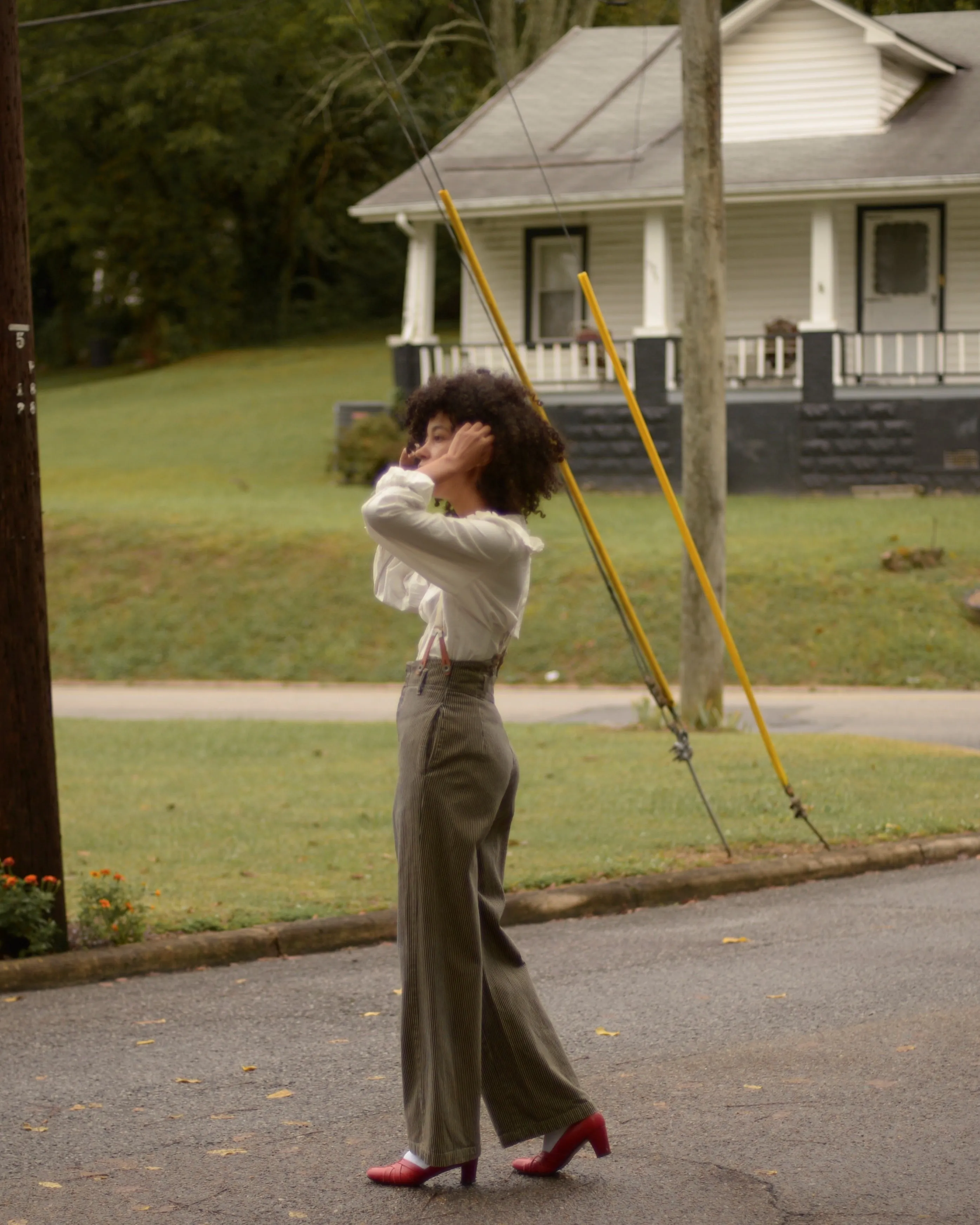 90s cotton striped ultra high waist trousers with suspenders buttons