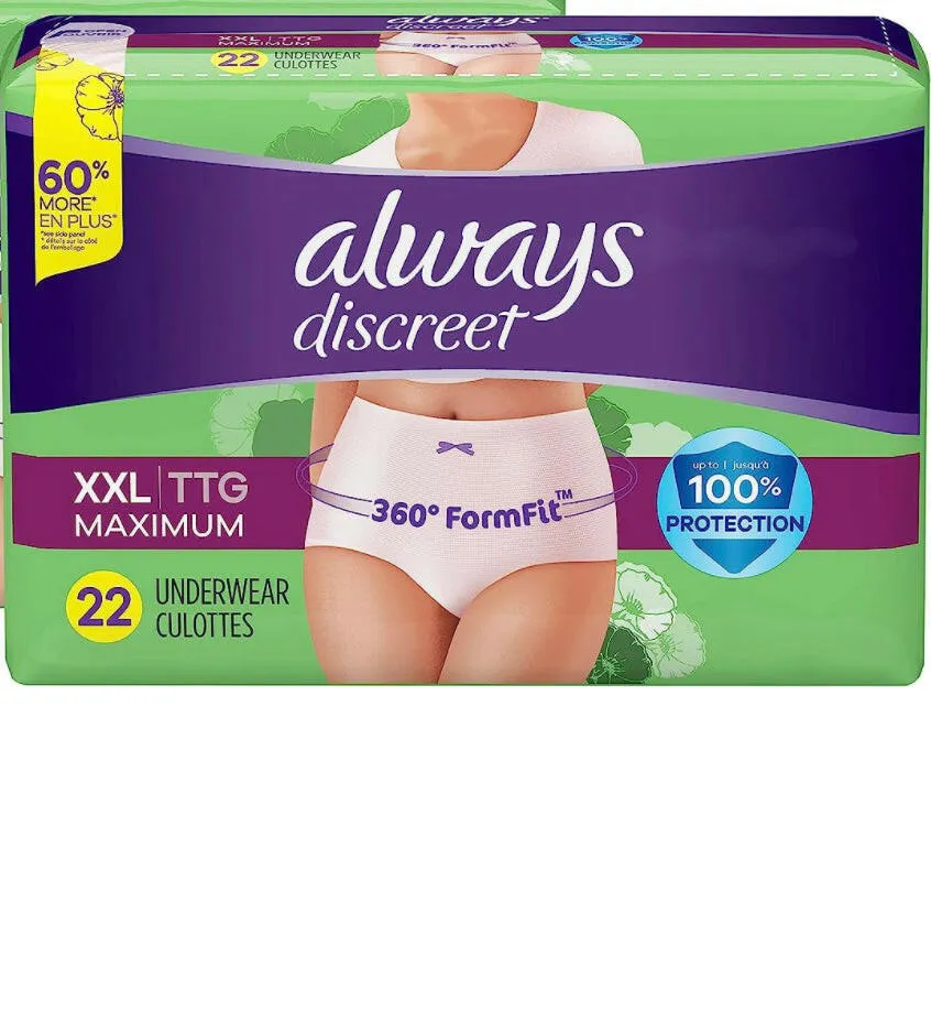 Always Discreet Adult Incontinence & Postpartum Underwear For Women, Size Xxl, Maximum Absorbency, Disposable, 22 pcs