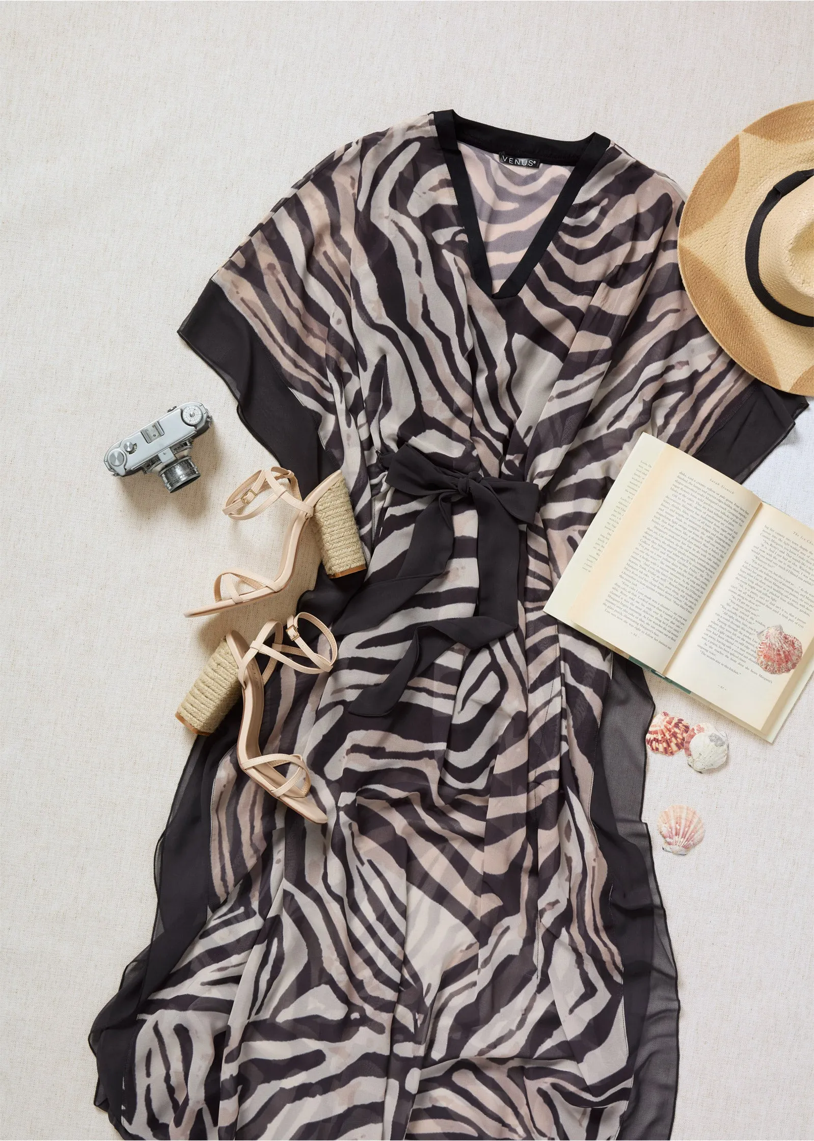 Animal Print Caftan Dress  - Black & Natural