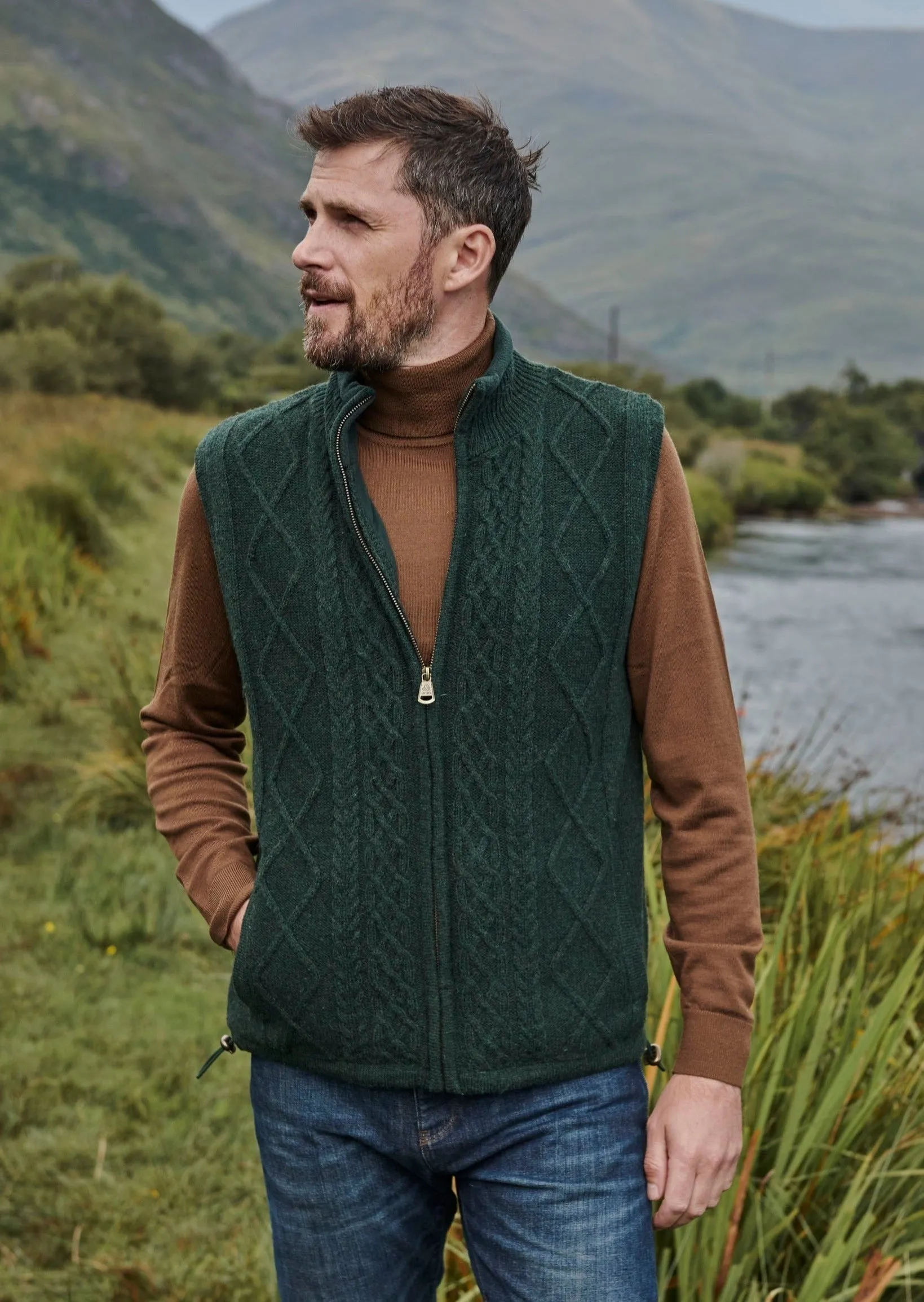 Aran Full Zip Fleece Gilet | Green