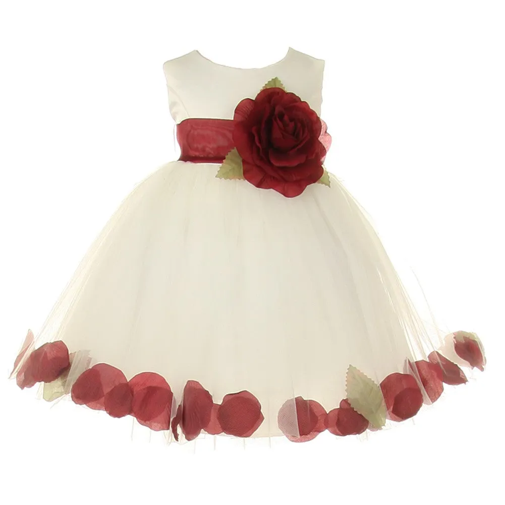 Baby Girls Ivory Burgundy Petal Adorned Satin Tulle Flower Girl Dress 6-24M