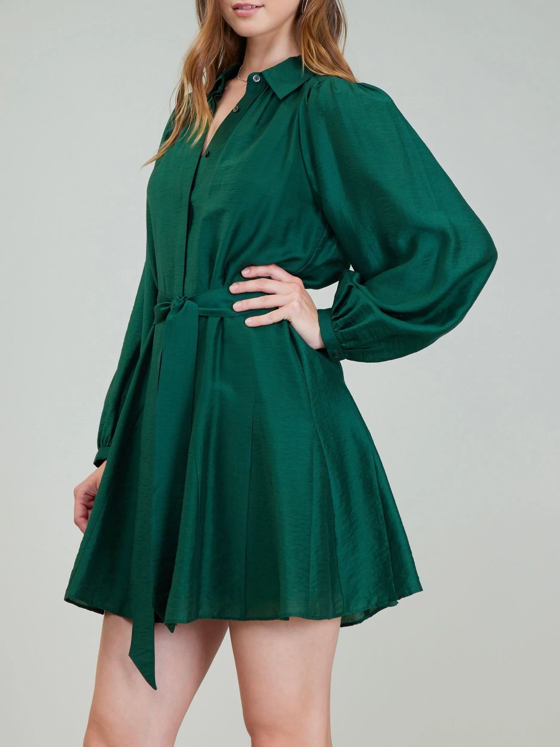 Belted Dress with Pleats - Jewel Green