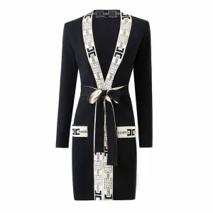 Black Knit Dresses Long Sleeve Lace Up Middle Length Knitted Dress For Women