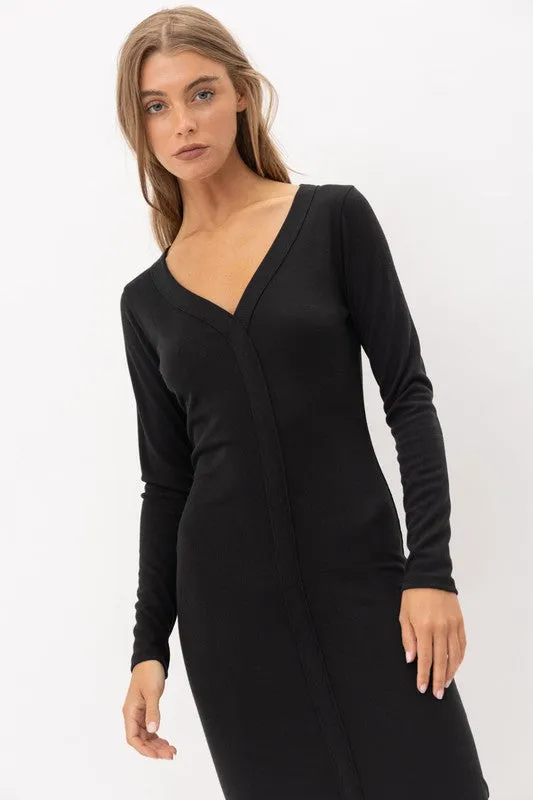 Black Long Sleeves Front Slit Rib Knit Dress