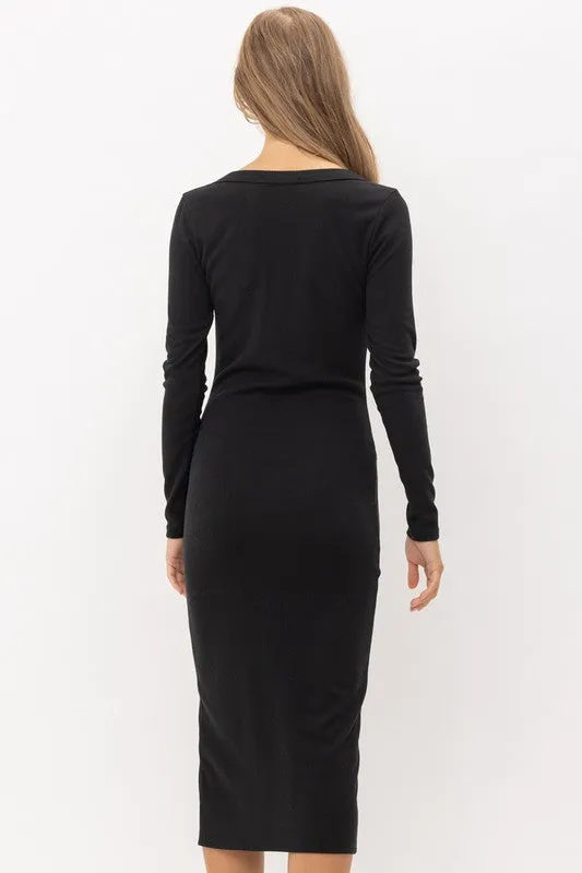 Black Long Sleeves Front Slit Rib Knit Dress