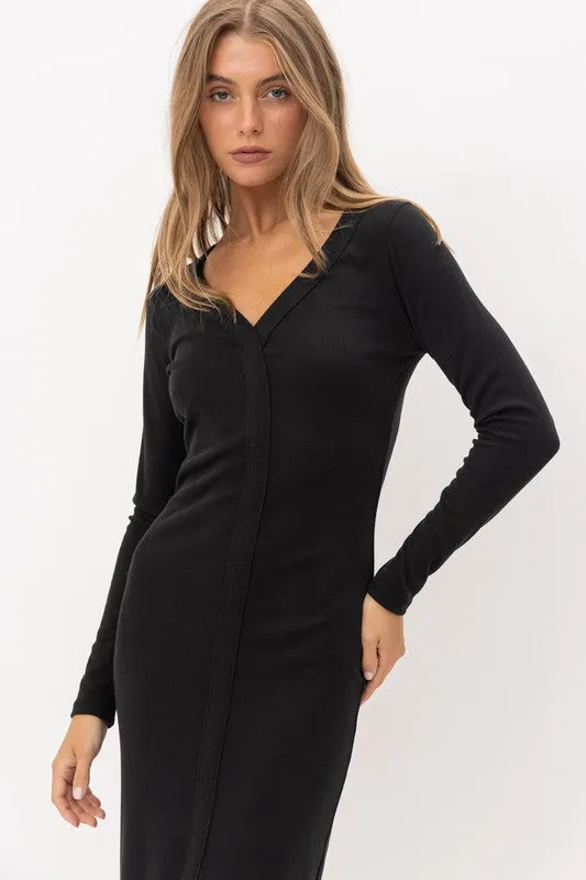 Black Long Sleeves Front Slit Rib Knit Dress