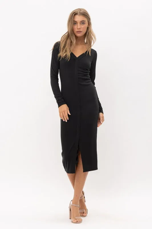 Black Long Sleeves Front Slit Rib Knit Dress