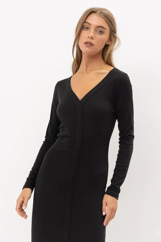 Black Long Sleeves Front Slit Rib Knit Dress