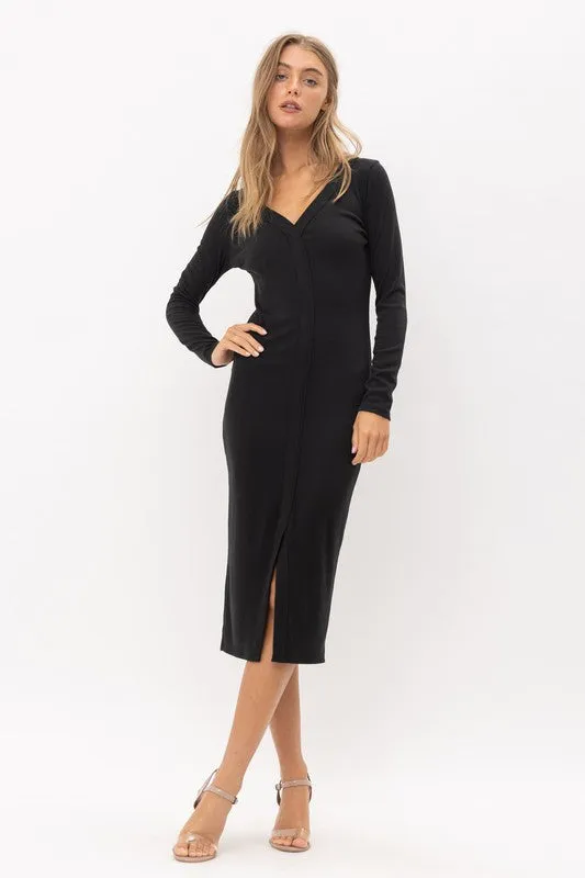 Black Long Sleeves Front Slit Rib Knit Dress