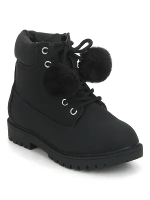 Black Pu Pom Pom Lace-Up Ankle Boots