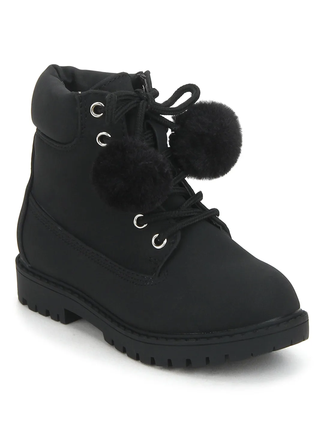 Black Pu Pom Pom Lace-Up Ankle Boots