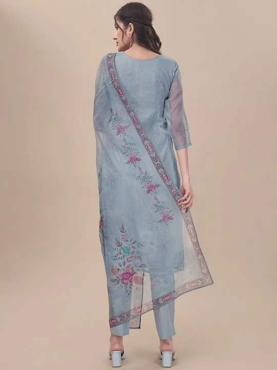 Blue Floral Embroidered Thread Work Kurta & Trousers With Dupatta