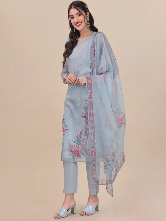 Blue Floral Embroidered Thread Work Kurta & Trousers With Dupatta