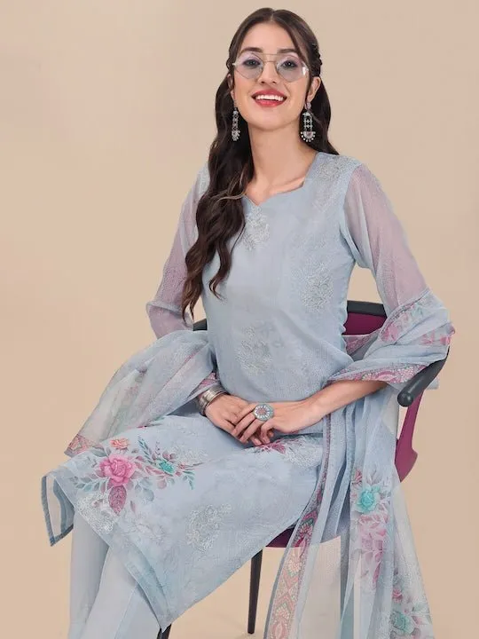 Blue Floral Embroidered Thread Work Kurta & Trousers With Dupatta