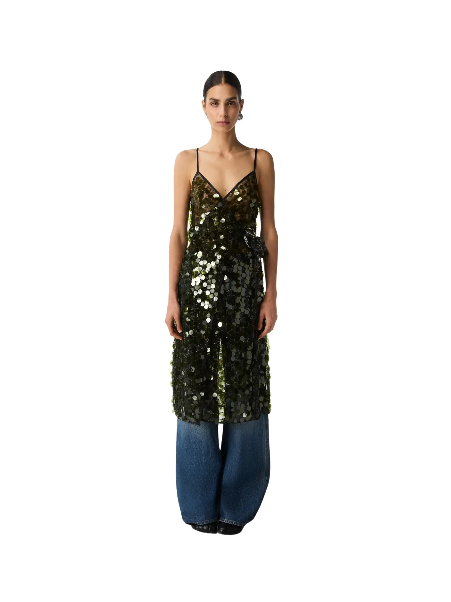 C-Logo Sequin Wrap Slip Dress / Green