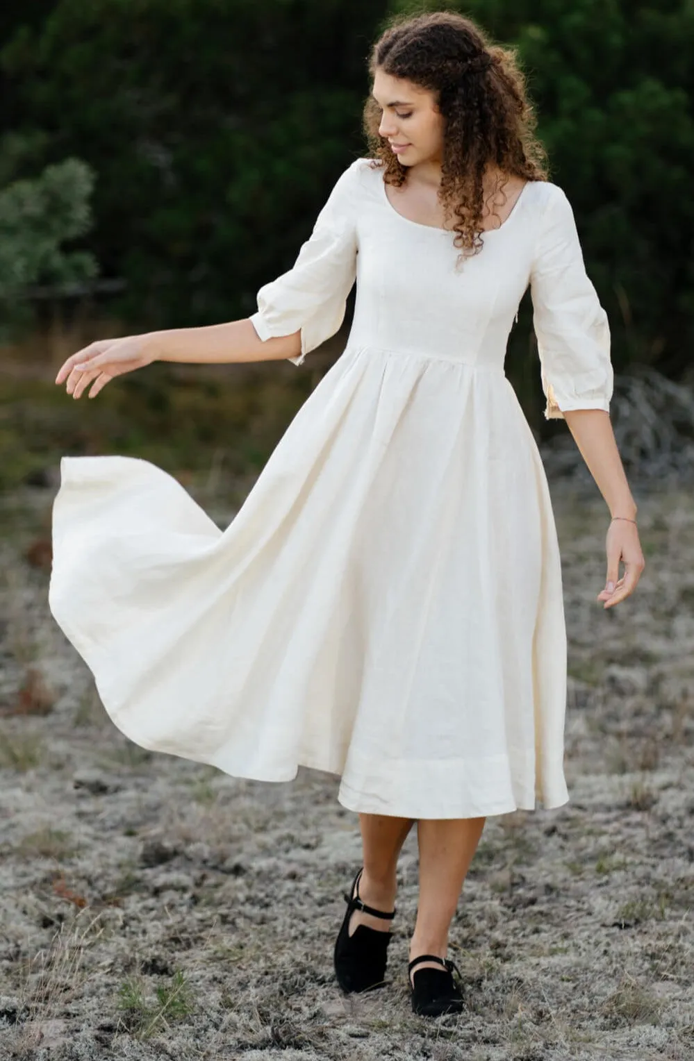 Carmen Dress, 3/4 Sleeve, Milky White, Hemp