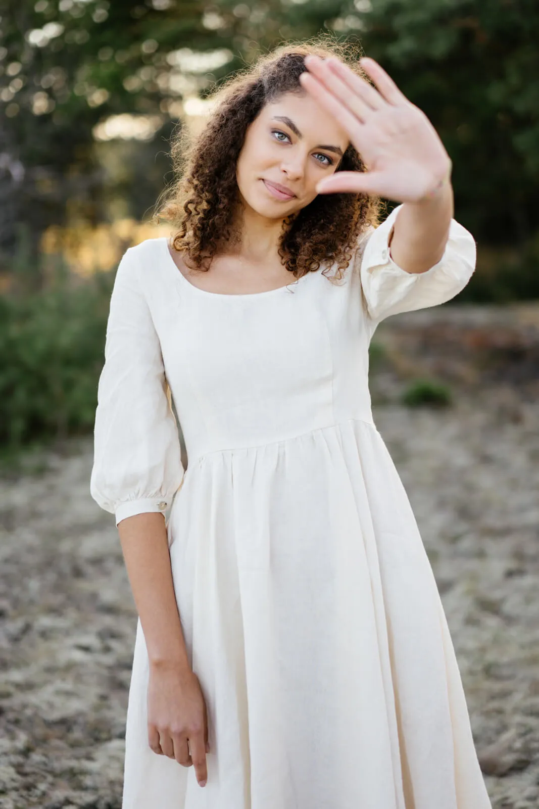 Carmen Dress, 3/4 Sleeve, Milky White, Hemp