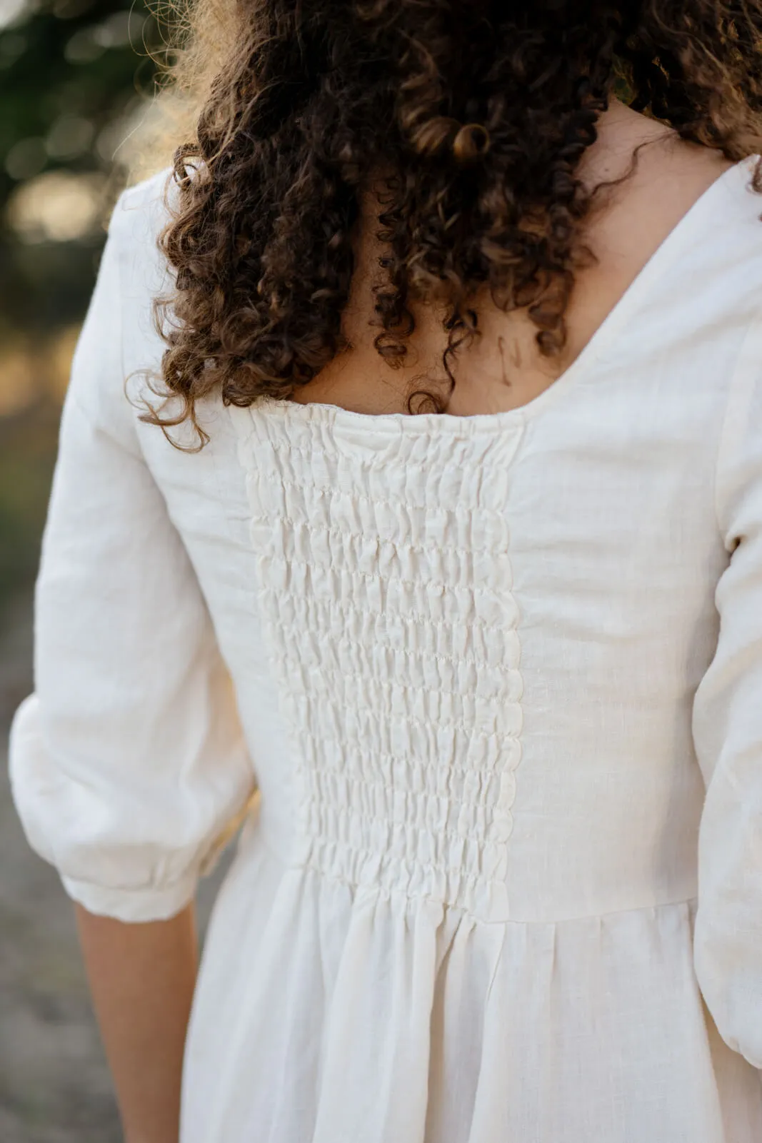 Carmen Dress, 3/4 Sleeve, Milky White, Hemp