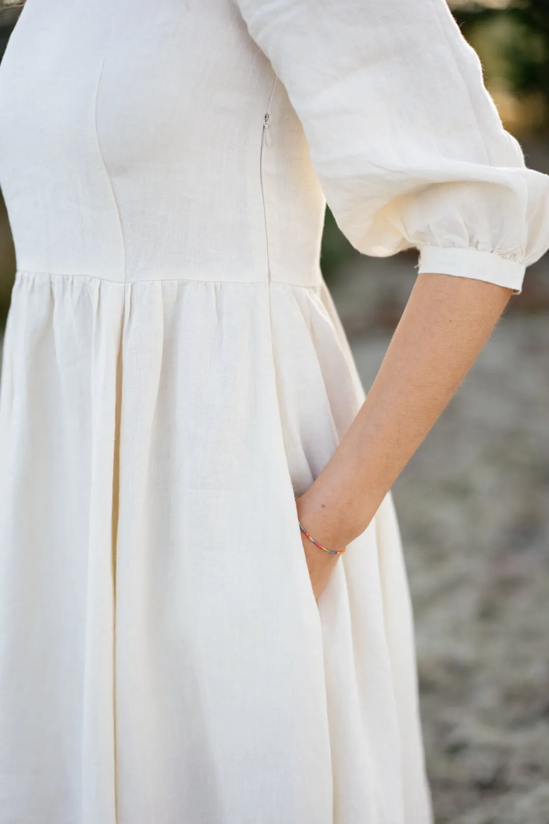 Carmen Dress, 3/4 Sleeve, Milky White, Hemp