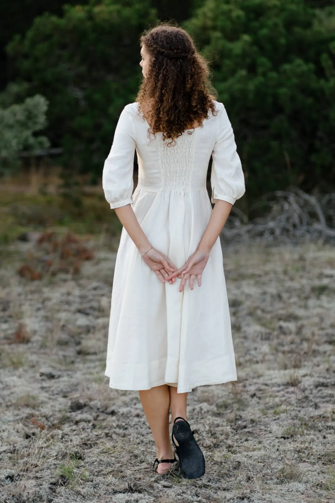 Carmen Dress, 3/4 Sleeve, Milky White, Hemp