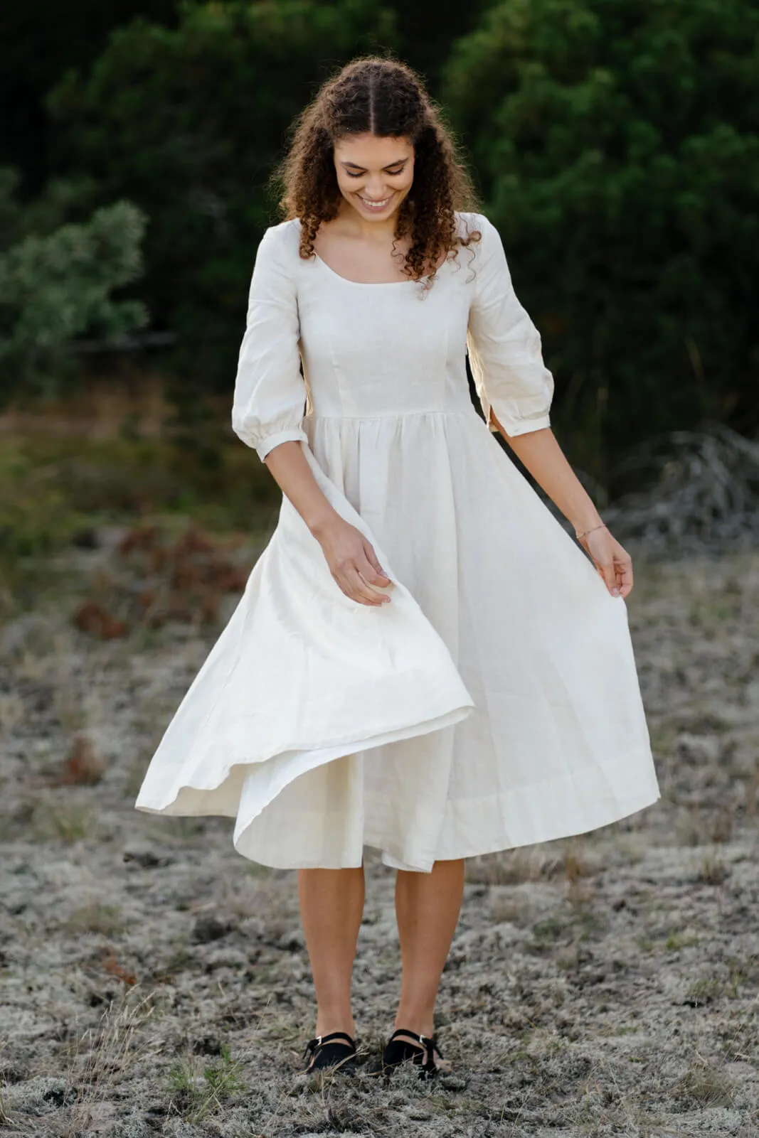 Carmen Dress, 3/4 Sleeve, Milky White, Hemp