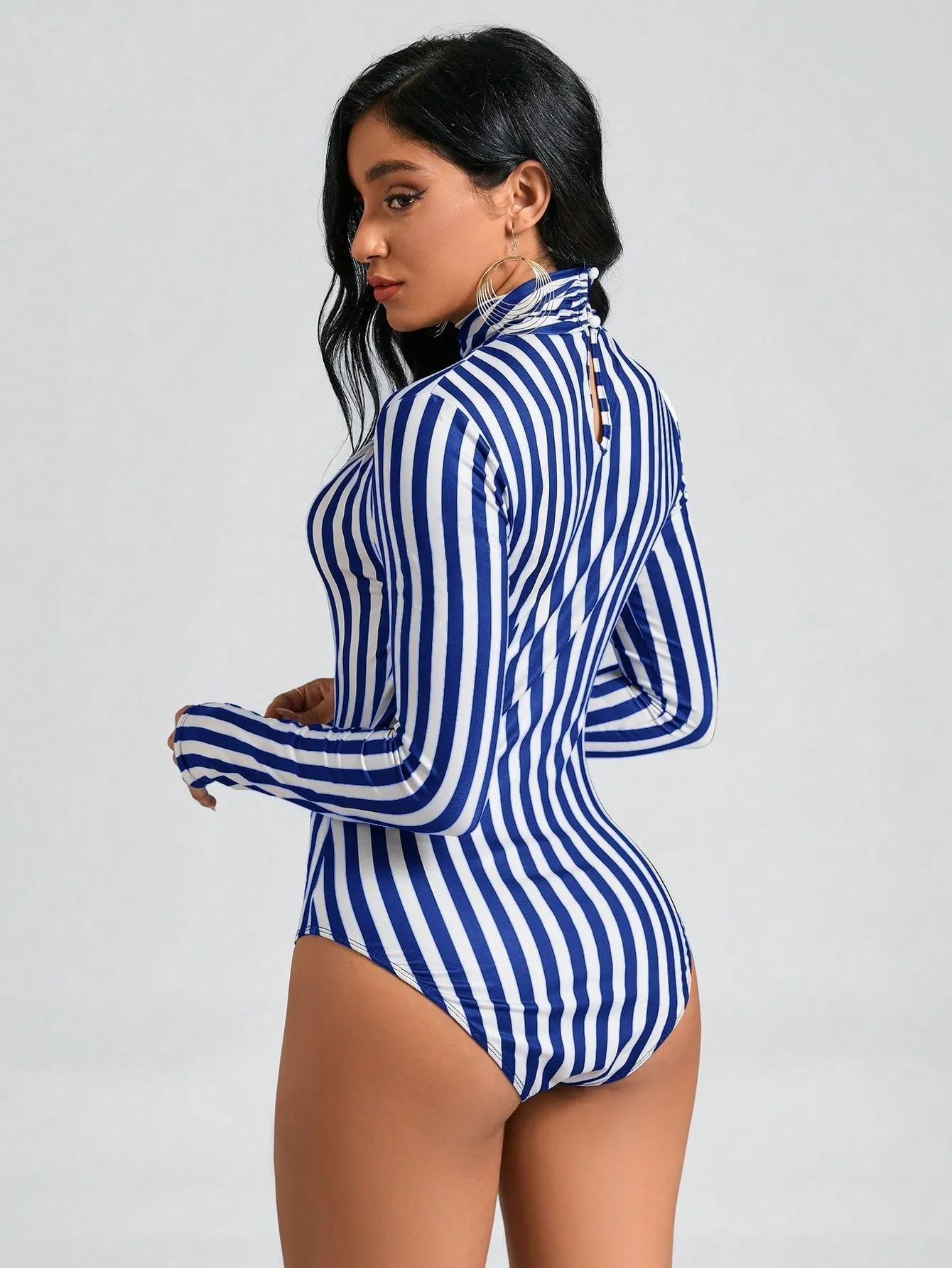 Clasi Striped Print Mock Neck Slim Fit Bodysuit