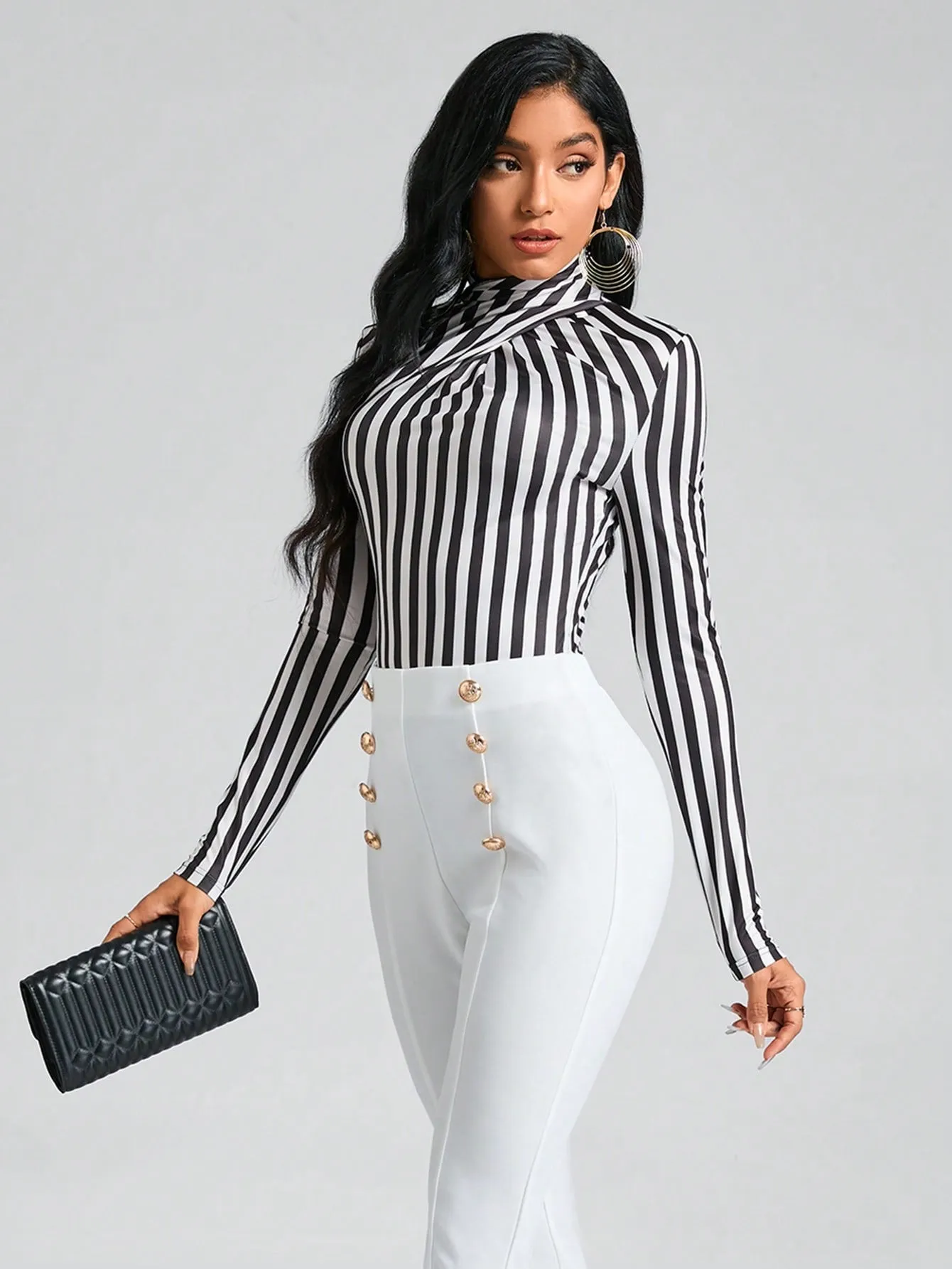 Clasi Striped Print Mock Neck Slim Fit Bodysuit