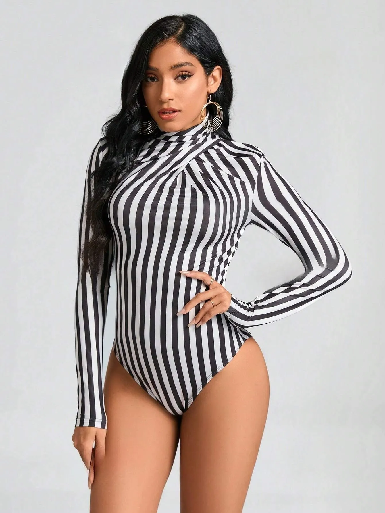 Clasi Striped Print Mock Neck Slim Fit Bodysuit