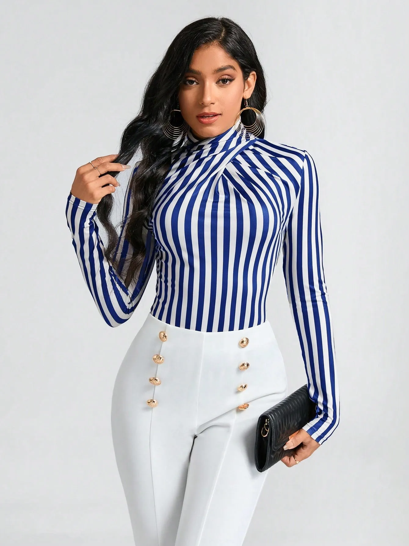 Clasi Striped Print Mock Neck Slim Fit Bodysuit