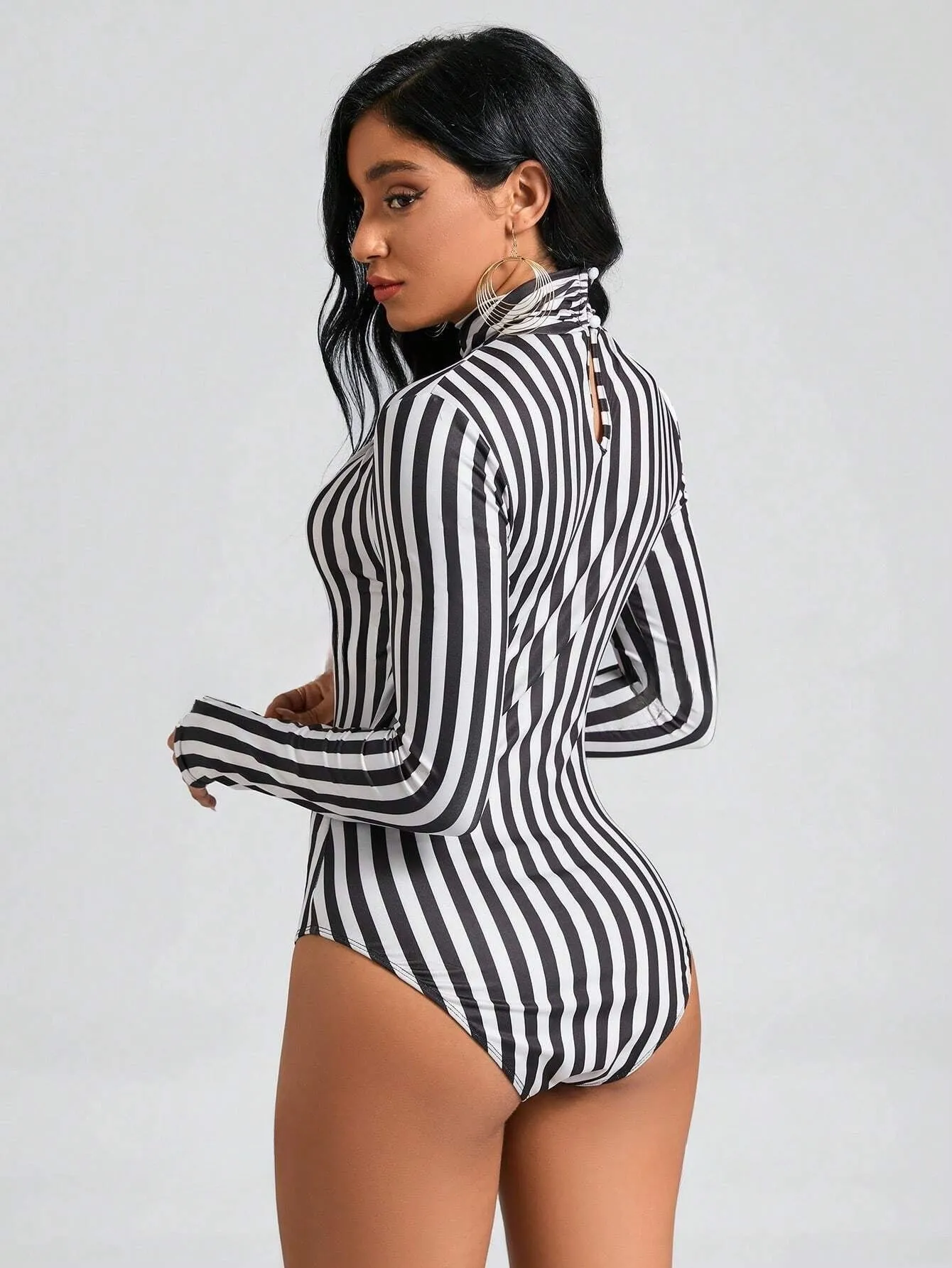 Clasi Striped Print Mock Neck Slim Fit Bodysuit