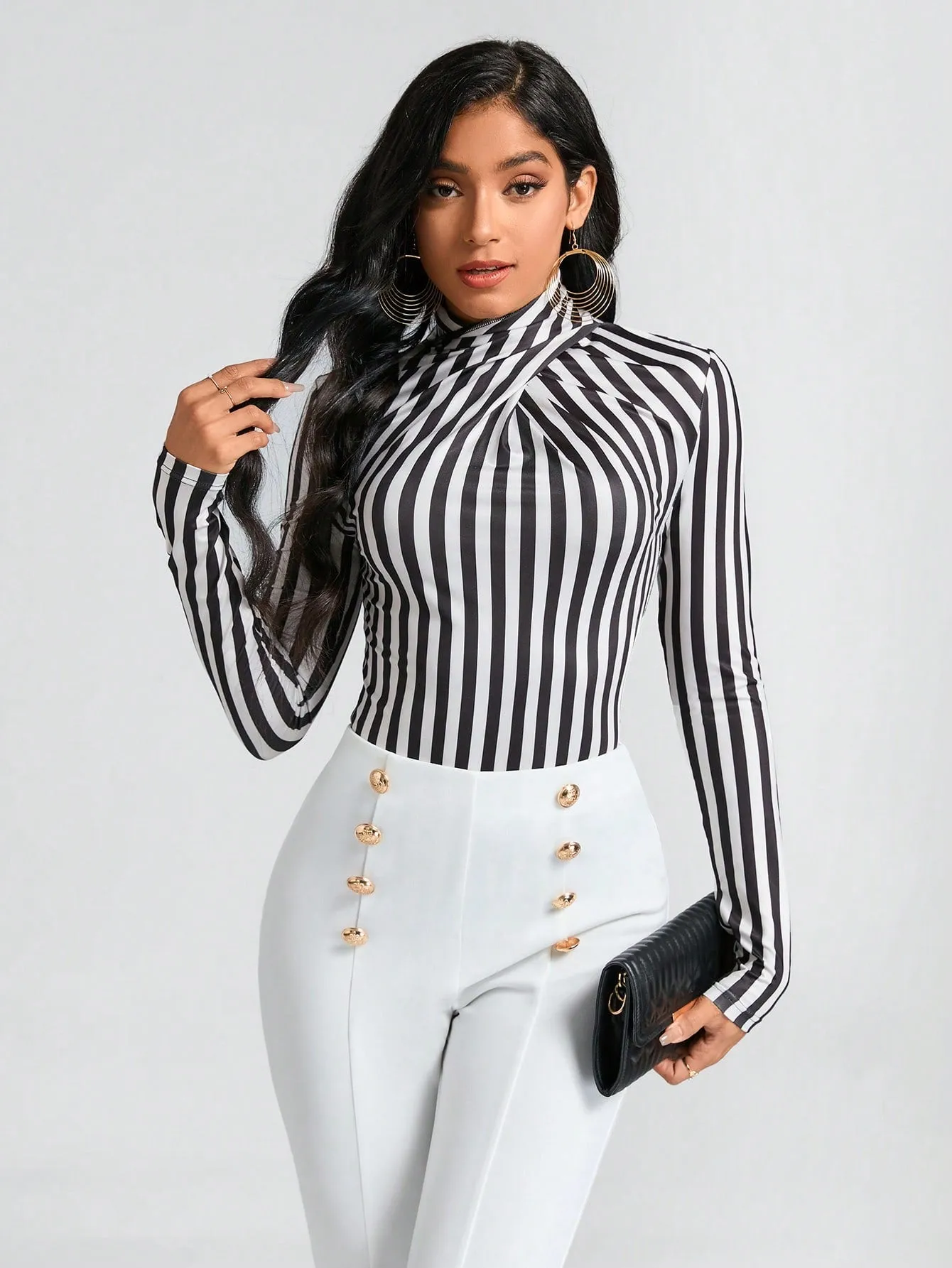 Clasi Striped Print Mock Neck Slim Fit Bodysuit