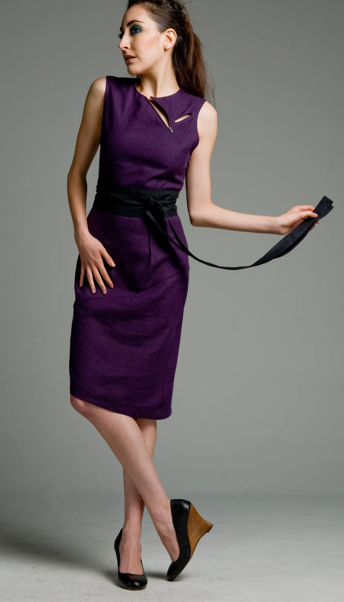 Classic Cut Out Dress in Hemp Blend w/ Reversible Obi Belt