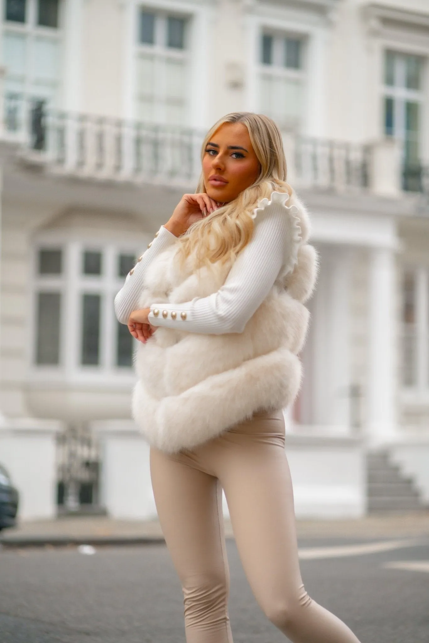 Cream Premium Faux Fur Four Row Gilet