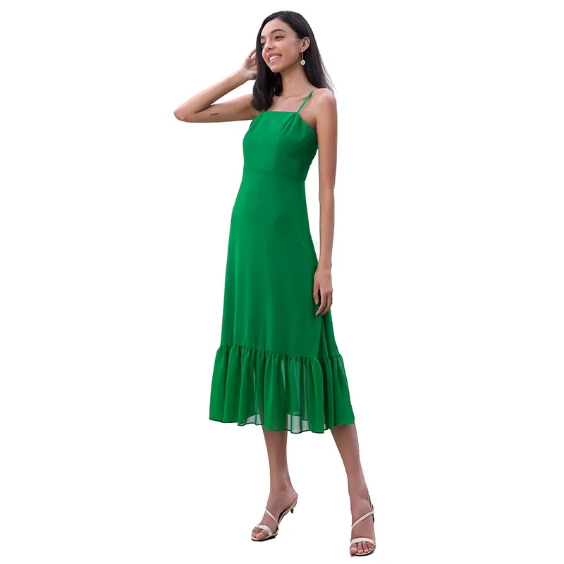 D261-1 Women solid chiffon strappy tiered ruffle flared midi party dress