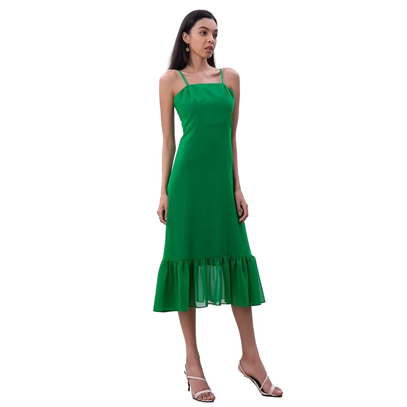 D261-1 Women solid chiffon strappy tiered ruffle flared midi party dress