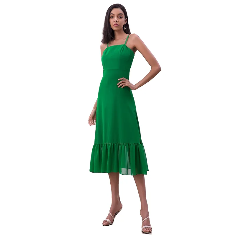 D261-1 Women solid chiffon strappy tiered ruffle flared midi party dress