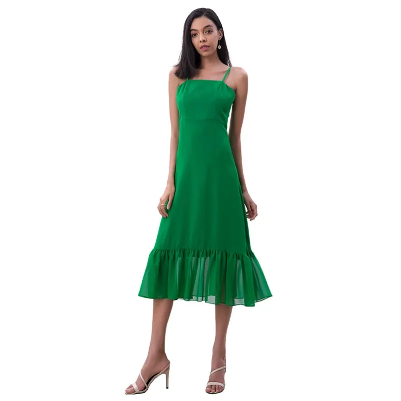 D261-1 Women solid chiffon strappy tiered ruffle flared midi party dress