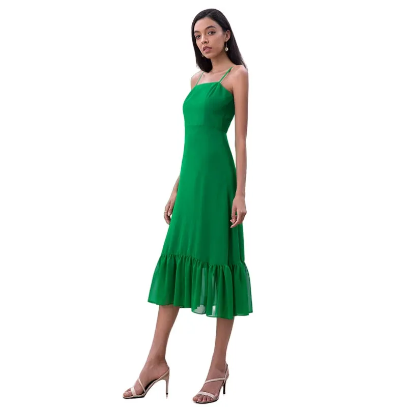 D261-1 Women solid chiffon strappy tiered ruffle flared midi party dress