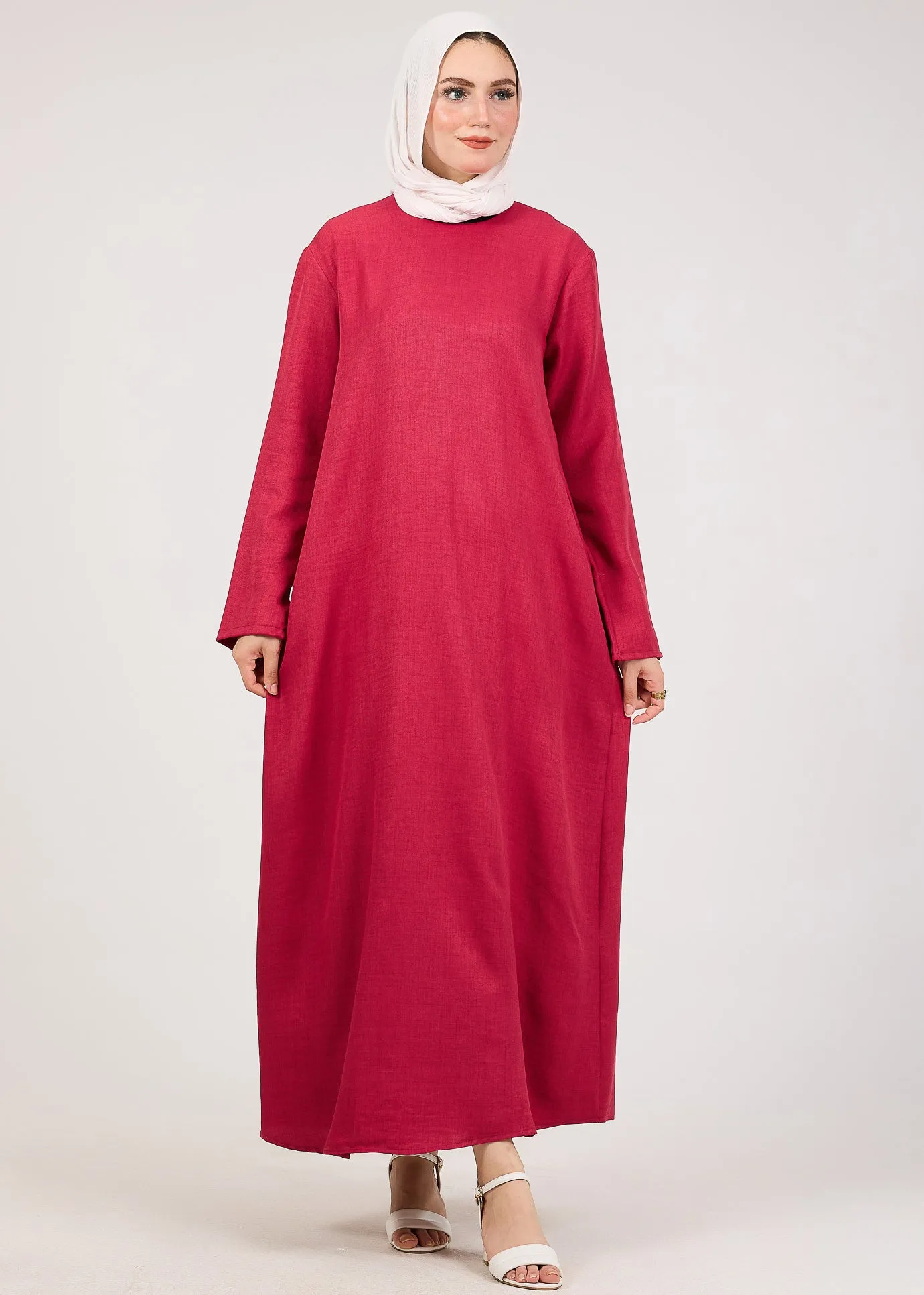 Dark Pink Kira loose slip dress with pockets in maxi length and with long sleeve