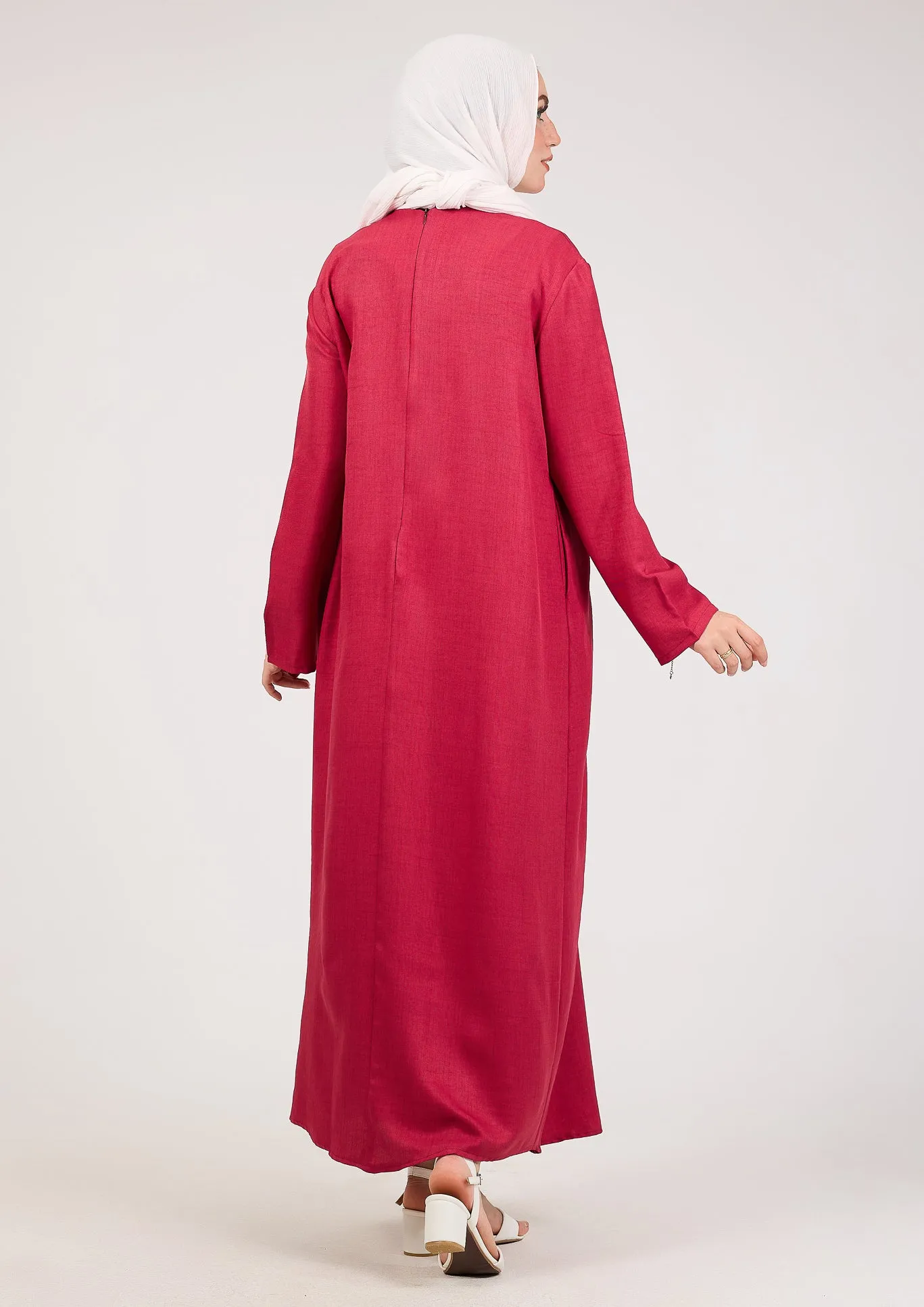 Dark Pink Kira loose slip dress with pockets in maxi length and with long sleeve