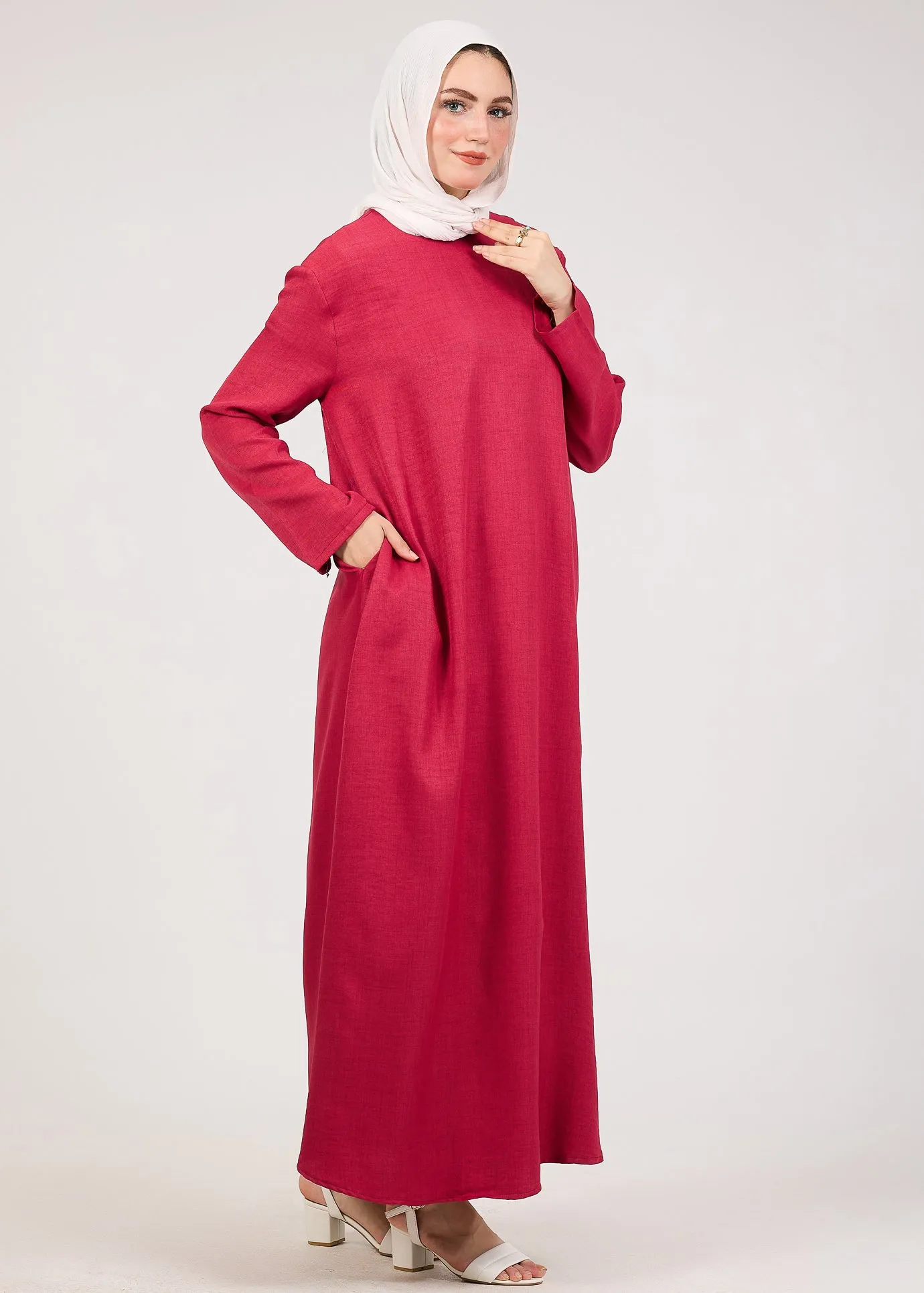 Dark Pink Kira loose slip dress with pockets in maxi length and with long sleeve