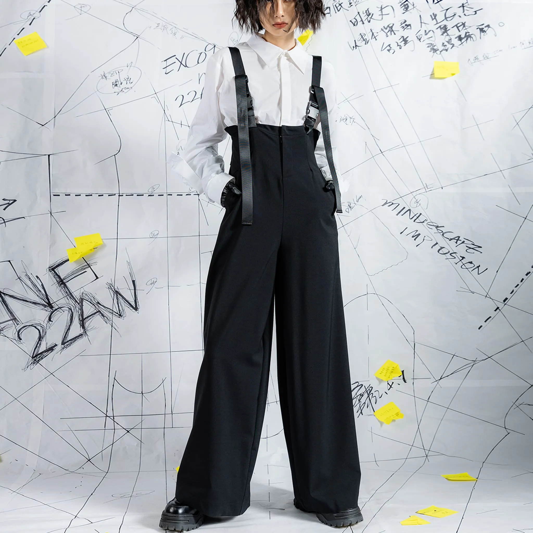 Deconstructed Corset-Like Wide-Leg Trousers with Suspenders