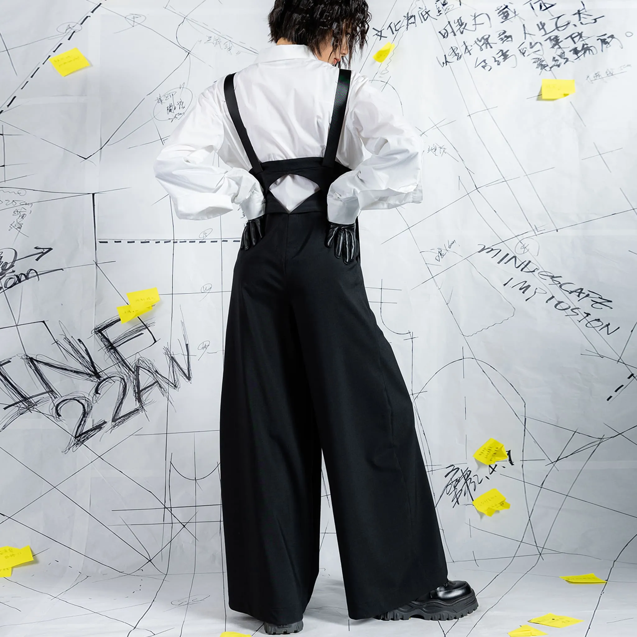 Deconstructed Corset-Like Wide-Leg Trousers with Suspenders