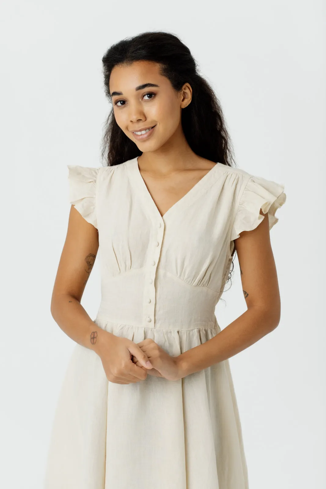 Diane Dress, Ruffle Sleeve, Hemp, Milky White