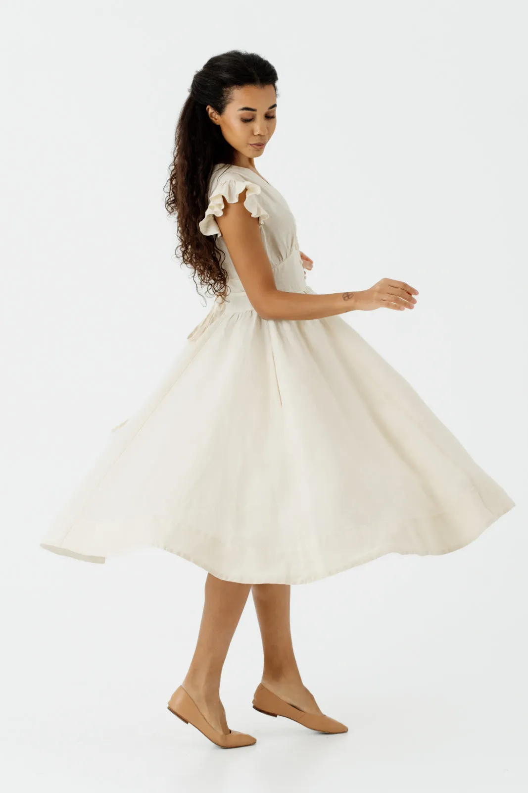 Diane Dress, Ruffle Sleeve, Hemp, Milky White